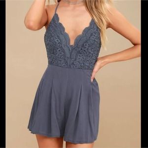 Lulu's Star Spangled Indigo Backless Lace Romper